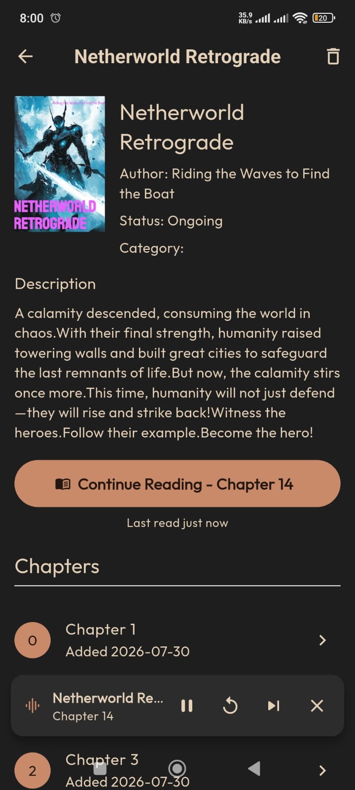 A ReadLume novel page for Netherworld Retrograde showing Continue Reading at chapter 14 with the chapter list